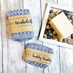 SET Suddy Buddy Soap Saver & Washcloth Cotton, Blue Washcloth and Soap Saver Set
